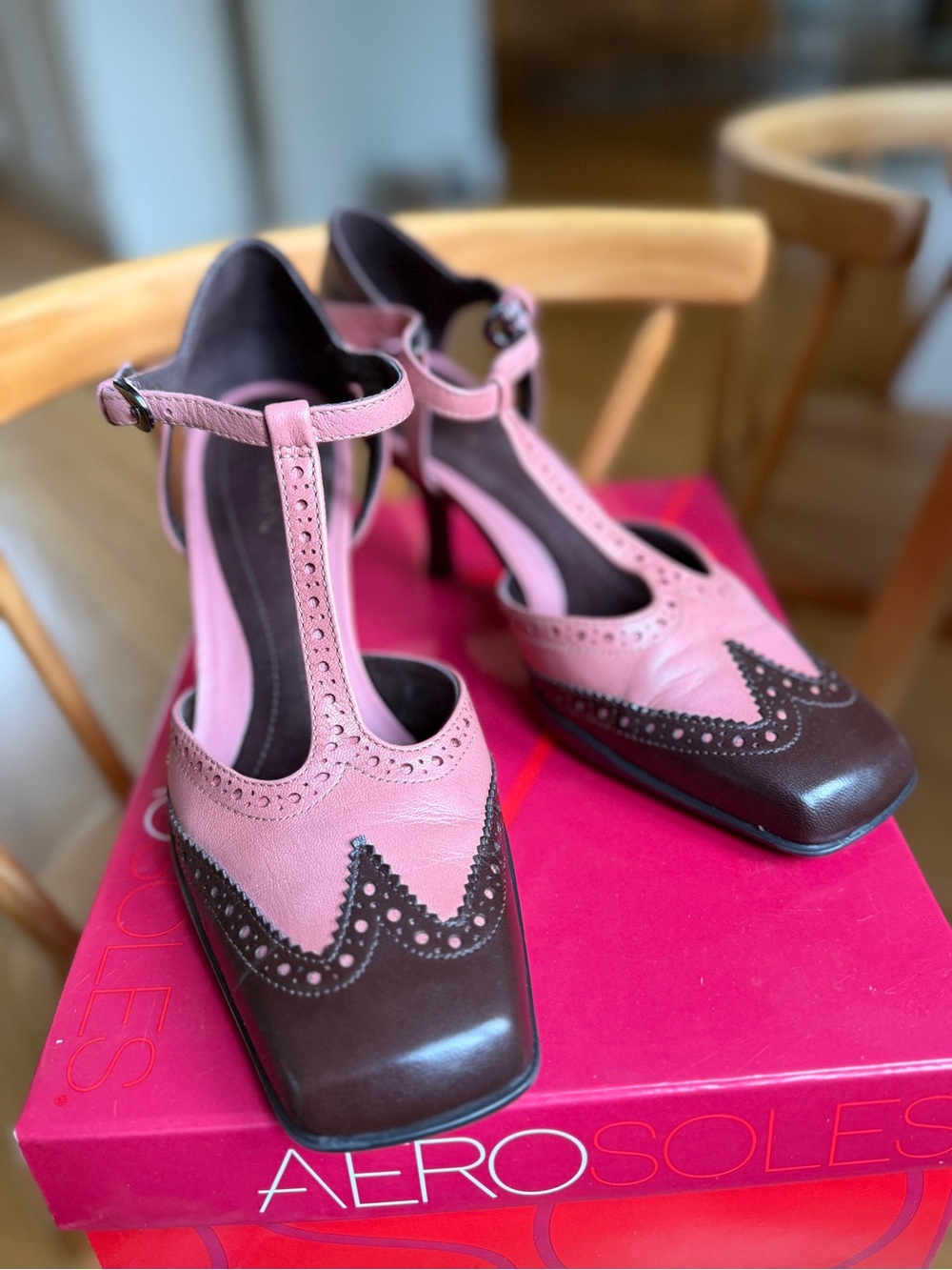 AEROSOLES Warm Pink and Brown Two-Tone T-Strap Heels